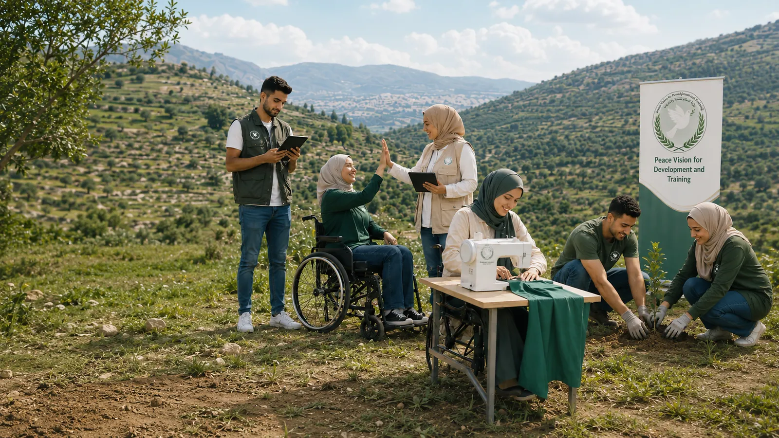 Peace Vision team and participants in inclusive community development and vocational training in the Jordanian hills